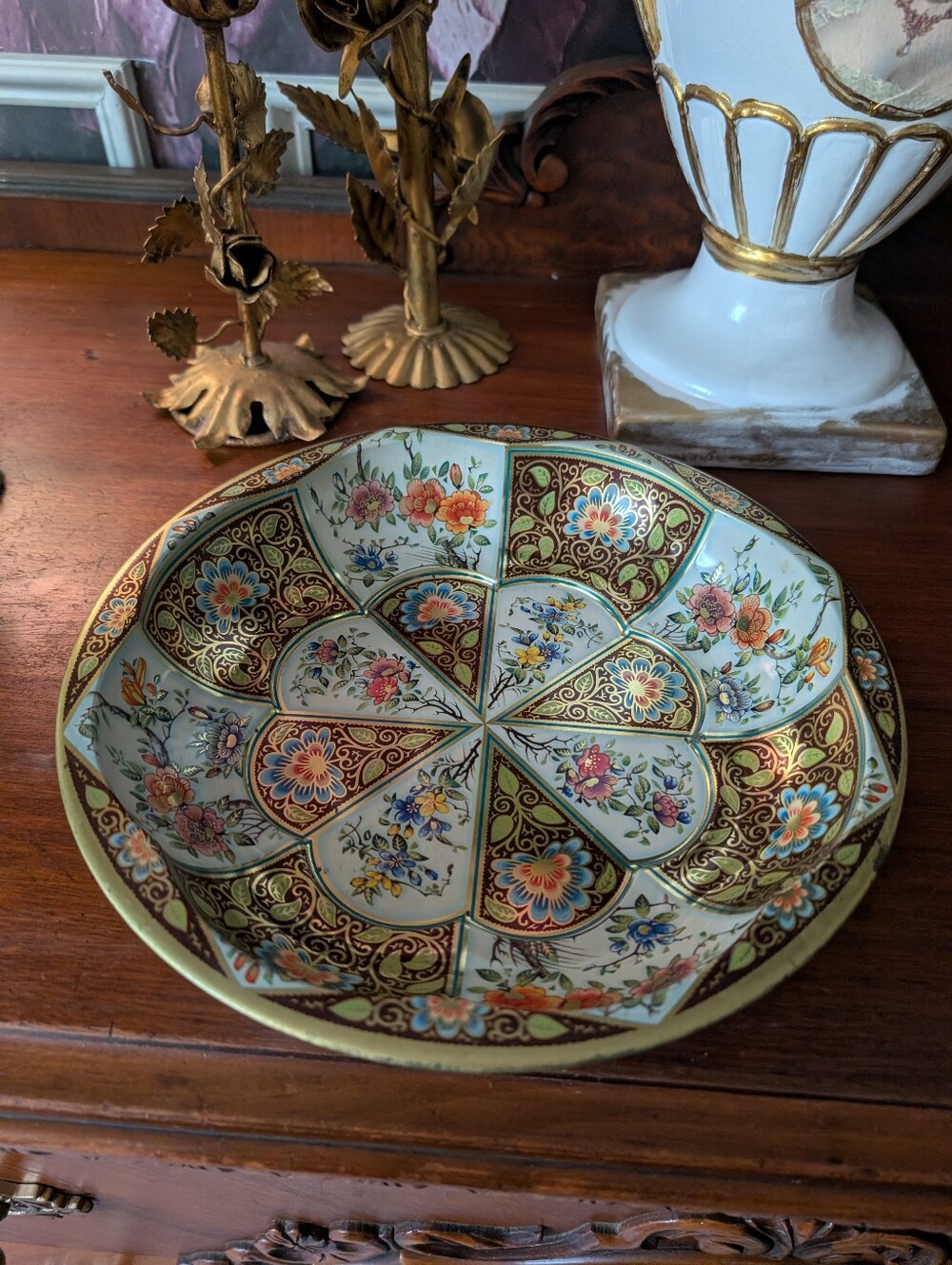Vintage 1971 Daher Decorated Ware Floral Tin Bowl, Brown Gold, Made in England